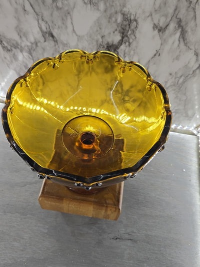 1960's Vintage Indiana Glass Amber Tear Drop Glass Pedestal Fruit Bowl with Scalloped Rim