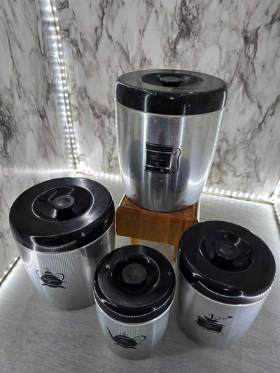 1950's Antique West Bend Silver Aluminum and Black Nesting Canister set Flour, Coffee, Sugar and Tea