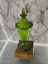 1970's Vintage Indiana Glass Company Avocado Green Lidded Diamond Pointed Candy Jar Apothecary Jar