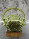 1970's Vintage Rare Fenton Ruffled Thumbprint Green Glass Basket with handle