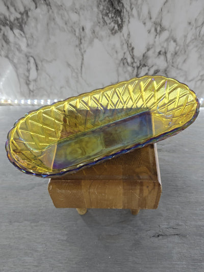 1970's Vintage Marigold Iridescent Carnival Glass Bread/Cracker Dish with Pretzel Pattern