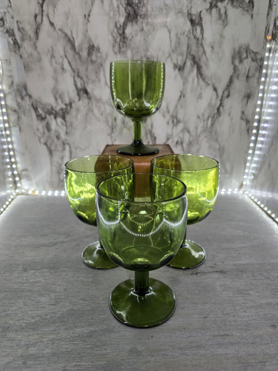 1960's Vintage Hoffman House Libbey Avocado Green Thumb Print Goblet Wine Glasses set of 4