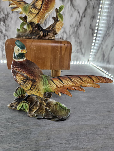 1960's Vintage Pair of Bisque Ring-Necked Pheasant Statues labeled INAROCO made in Japan