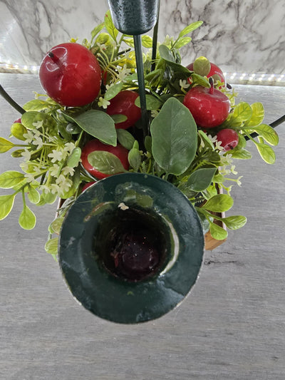 1960's Vintage Christmas Five Headed Metal Candle Holder Center Piece with Plastic Ivy and Foam Apples