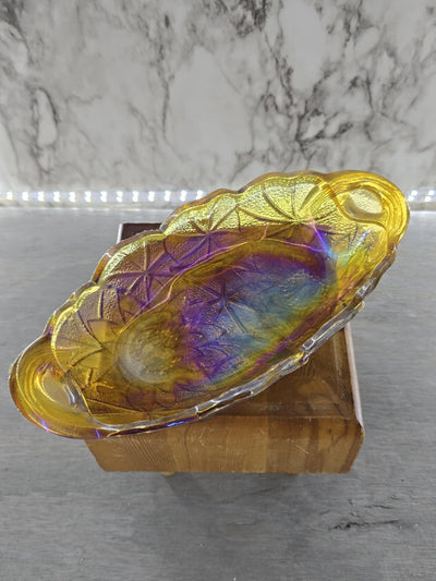 1970's Vintage Indiana Glass Iridescent Gold Lily Pons Pattern Carnival Glass Pickle Dish