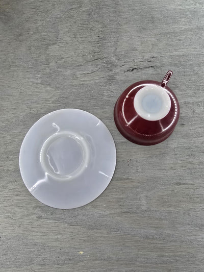 1950's Vintage Hazel Atlas Milk Glass Burgundy Coffee Cup and Saucer Set