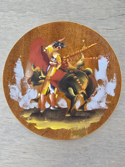 1950's Vintage Rare Hand Painted on Pine Souvenir Plates from Mexico Bull Fighting Scenes -Set of Three