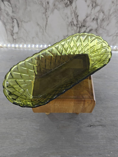 1970's Vintage Avocado Green Glass Bread Dish Wicker Pattern