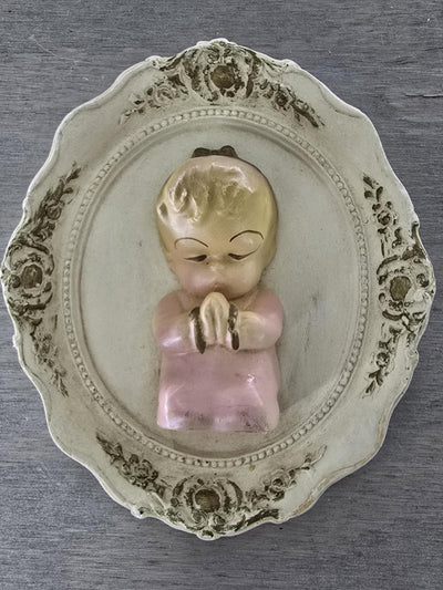 1960's Vintage Chalkware Wall Plaques of a Boy and Girl Praying-Set of Two.