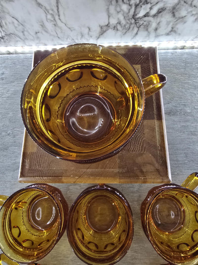 1960's Vintage Amber Indiana Glass Kings Crown Thumbprint Punch Teacups set of 9