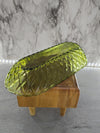 1970's Vintage Avocado Green Glass Bread Dish Wicker Pattern