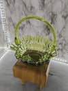 1970's Vintage Rare Fenton Ruffled Thumbprint Green Glass Basket with handle