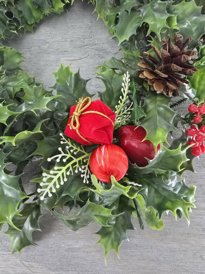 1960's Vintage Christmas Large Plastic Ivy Wreath with Plastic Fruit, Berries and Real Pinecones