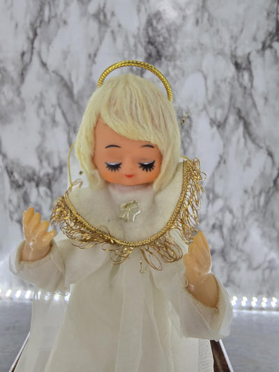 1960's Vintage Christmas Tree Angel Stiff Paper Fabric Covered Plastic Head Yarn Hair-Made in Japan