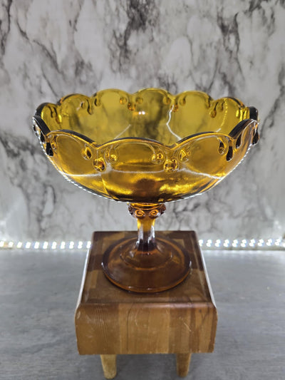 1960's Vintage Indiana Glass Amber Tear Drop Glass Pedestal Fruit Bowl with Scalloped Rim