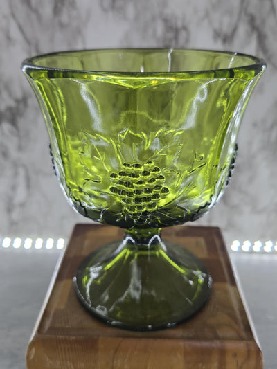 1960's Vintage Indiana Glass Grapes and Leaf Design Glass Avocado Green Footed Pedestal Vase/ Planter-Set of Two