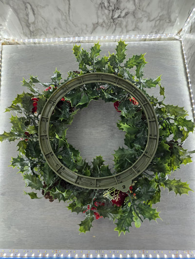 1960's Vintage Christmas Large Plastic Ivy Wreath with Plastic Fruit, Berries and Real Pinecones