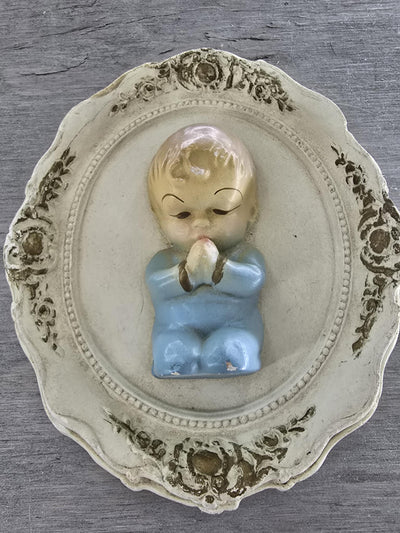 1960's Vintage Chalkware Wall Plaques of a Boy and Girl Praying-Set of Two.