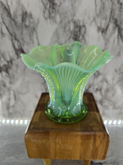 1907 Antique Jefferson Glass Lime Green Opalescent Stretched Ruffled Glass Vase