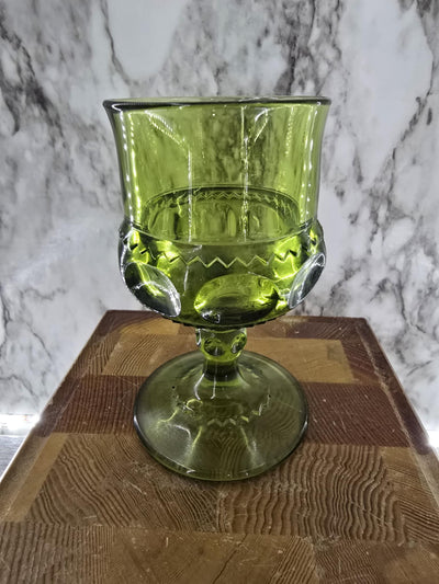 1960's Vintage Indiana Glass Kings Crown Thumb Print Avocado Green Goblet Wine Glasses set of 4