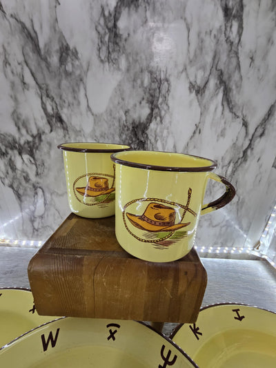 1950's Antique Monterrey Western Enamel Ware metal Cowboy Chuck Wagon Plate and Mug Dinner set