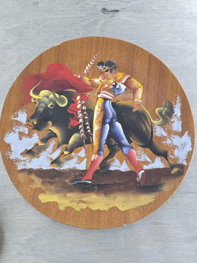 1950's Vintage Rare Hand Painted on Pine Souvenir Plates from Mexico Bull Fighting Scenes -Set of Three