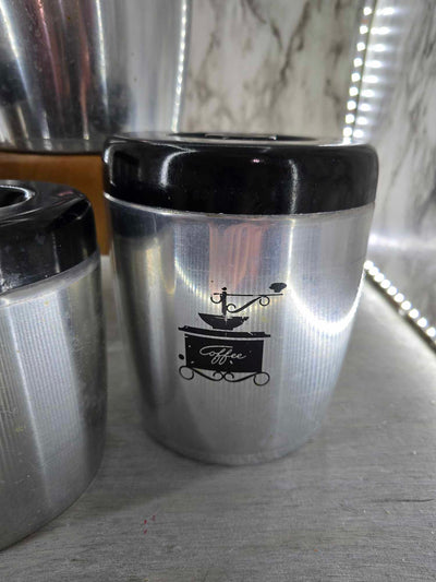 1950's Antique West Bend Silver Aluminum and Black Nesting Canister set Flour, Coffee, Sugar and Tea