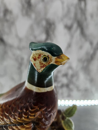 1960's Vintage Pair of Bisque Ring-Necked Pheasant Statues labeled INAROCO made in Japan