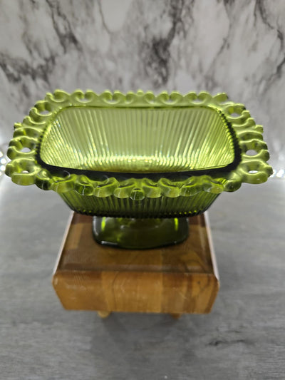 1960's Vintage Indiana Glass Avocado Green Pedestal Open Laced Lidded Candy Dish