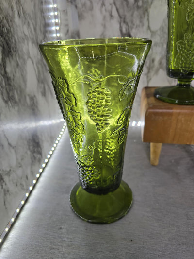 1970's Vintage MCM Avocado Green Indiana Glass Grapevine Patterned Vases set of 2