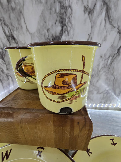 1950's Antique Monterrey Western Enamel Ware metal Cowboy Chuck Wagon Plate and Mug Dinner set