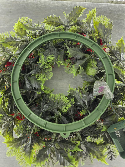 1980's Vintage Plastic Christmas Wreath with Fabric Poinsettias