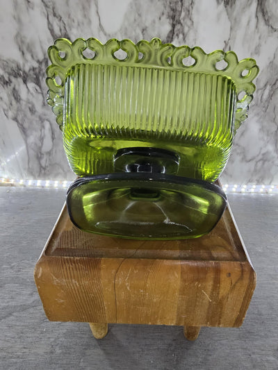 1960's Vintage Indiana Glass Avocado Green Pedestal Open Laced Lidded Candy Dish