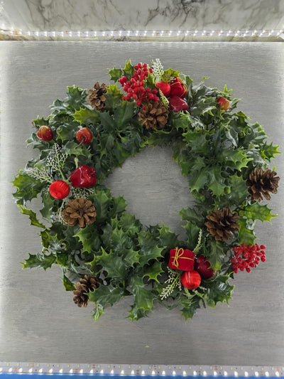 1960's Vintage Christmas Large Plastic Ivy Wreath with Plastic Fruit, Berries and Real Pinecones