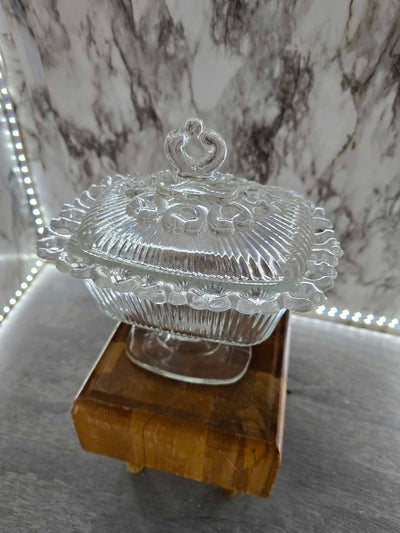 1960's Vintage Indiana Glass Crystal Clear Laced Edged Candy Dish with Lid