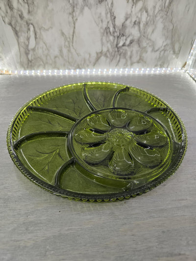 1970's Vintage Indiana Glass Avocado Green Egg and Pickle Platter