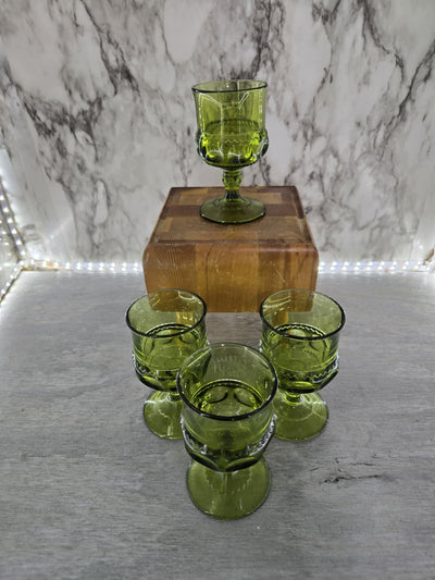 1960's Vintage Indiana Glass Kings Crown Thumb Print Avocado Green Goblet Wine Glasses set of 4