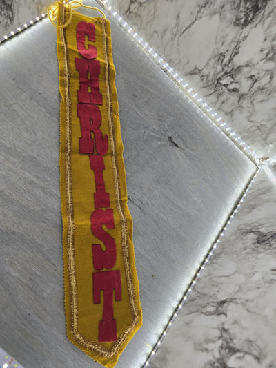 1960's Handmade Mustard and Red Felt Christmas Banner that Spells Christ with Gold Tinsel Trim