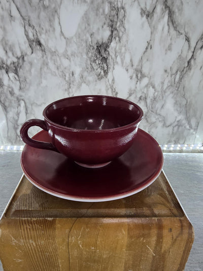 1950's Vintage Hazel Atlas Milk Glass Burgundy Coffee Cup and Saucer Set