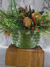 1970's Vintage Christmas Green Plastic Woven Basket Center Piece Decor with Plastic Pine Branches, Leaves, Fruit