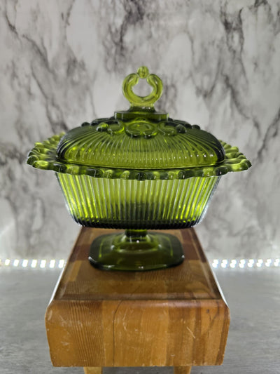 1960's Vintage Indiana Glass Avocado Green Pedestal Open Laced Lidded Candy Dish