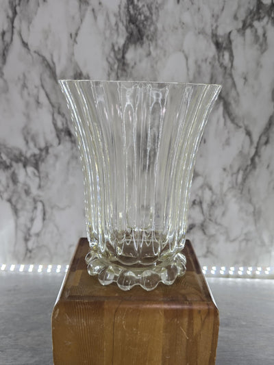 1930's Antique Wide Mouthed Bubble Footed Glass Bouquet Vase with Vertical Ribs and Scalloped Rim