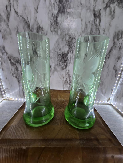 1920's Antique Bohemia Crystal Czech Green Etched Glass Cordial / Shot Glasses set of two