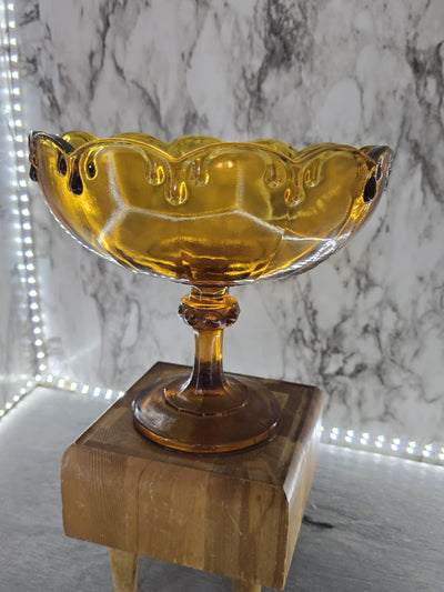 1960's Vintage Indiana Glass Amber Tear Drop Glass Pedestal Fruit Bowl with Scalloped Rim