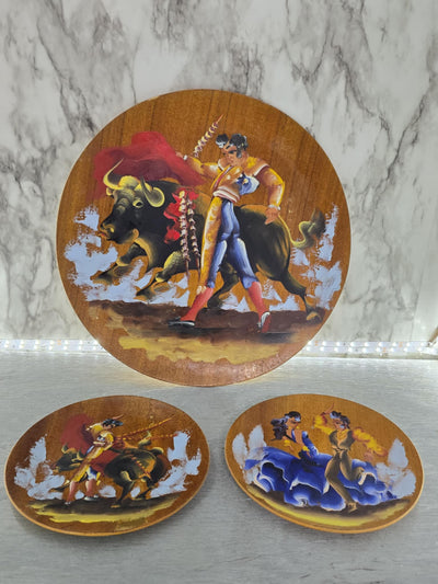 1950's Vintage Rare Hand Painted on Pine Souvenir Plates from Mexico Bull Fighting Scenes -Set of Three