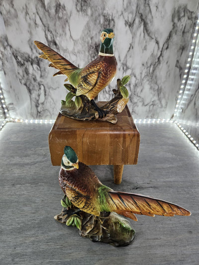 1960's Vintage Pair of Bisque Ring-Necked Pheasant Statues labeled INAROCO made in Japan