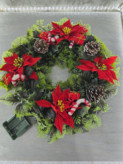 1980's Vintage Plastic Christmas Wreath with Fabric Poinsettias