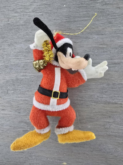 Vintage Walt Disney Christmas Figurine Flocked Goofy with Bell Christmas Ornament