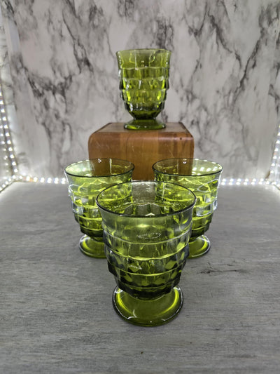 1970's Vintage Indiana Glass Avocado Green Shortie Footed Diamond Cut Drinking Glasses set of 4