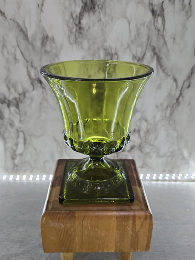 1960's Vintage Indiana Glass Avocado Green Glass Pedestal Vase with Greek Design